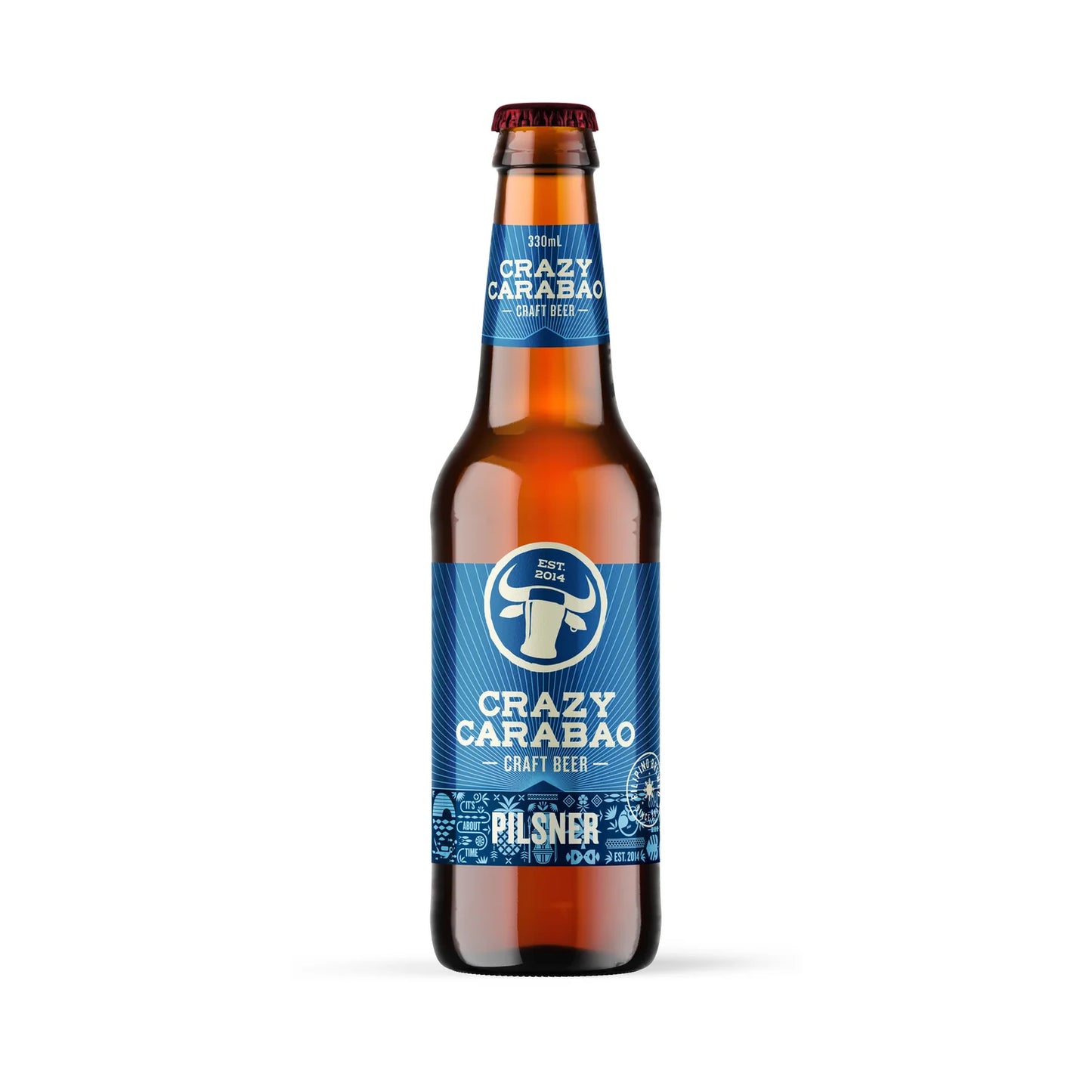 A single bottle of Craft Beer by Crazy Carabao, Cilsner, in a brown glass bottle with a blue label and a red cap, centered on a white background.
