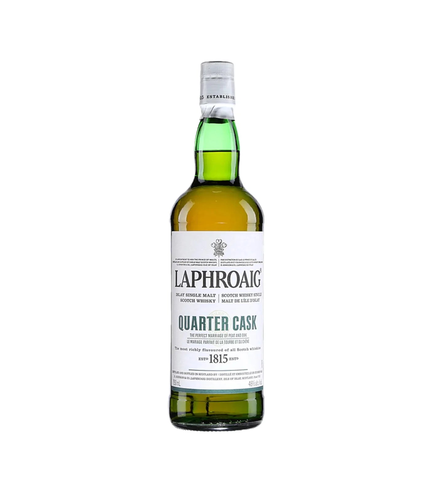 Laphroaig Quarter Cask whisky bottle on a white background