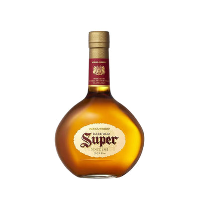 Bottle of Nikka whiskey Rare Old Super with a gold label on a white background