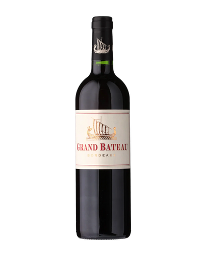 A bottle of Grand Bateau Bordeaux red wine with a cream-colored label and a black capsule, shown against a plain white background.