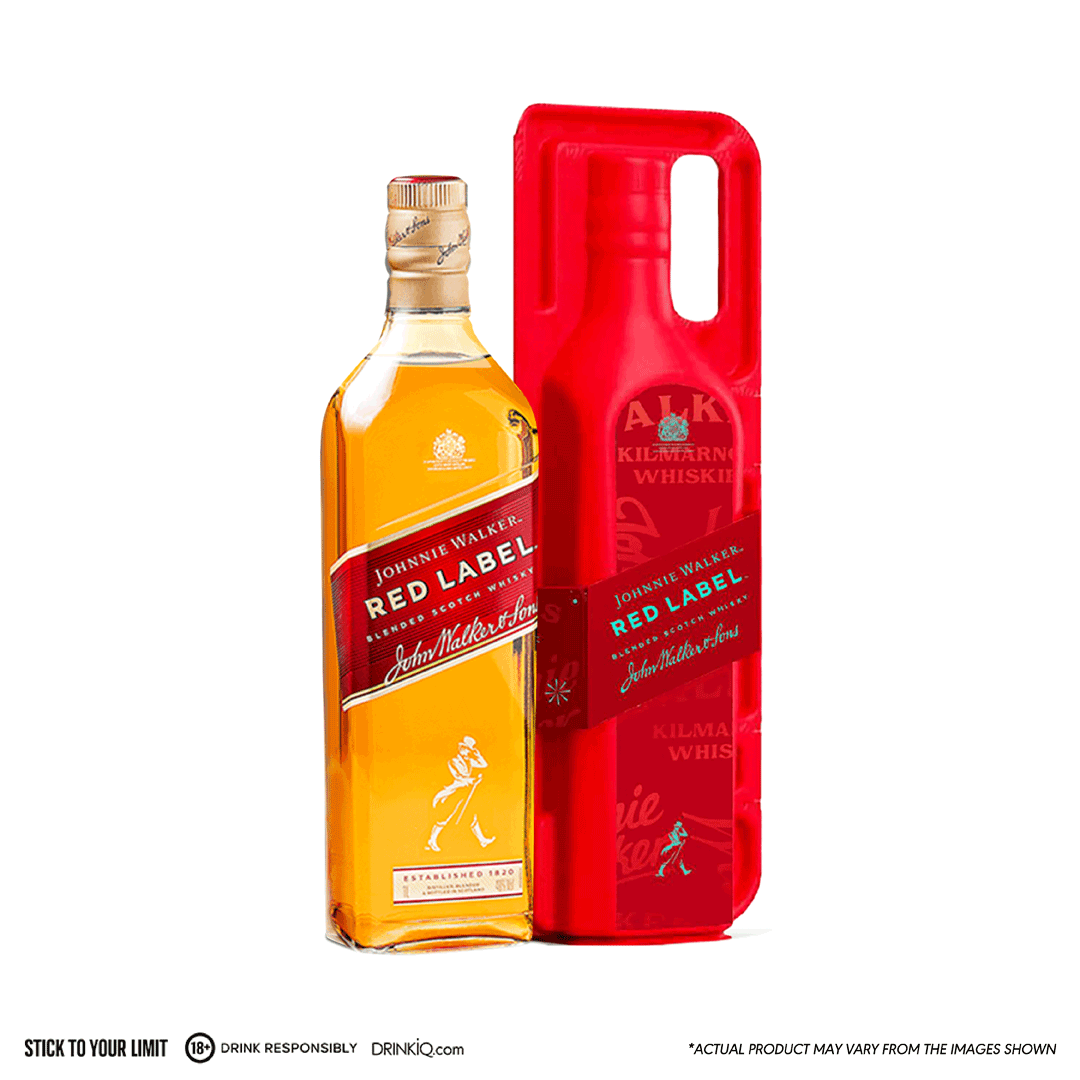 Johnnie Walker Red Label whisky bottle with red carrying case on a white background