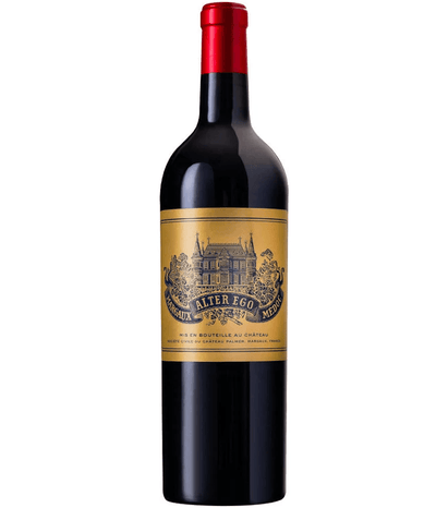 Red wine bottle with a gold label on a white background. Alter Ego