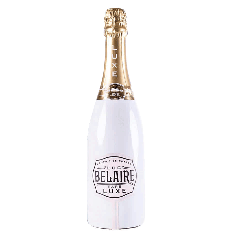 Bottle of Belaire Luxe champagne with white wrap on a white background