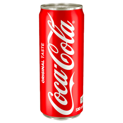 Red Coca-Cola can with white text on a white background