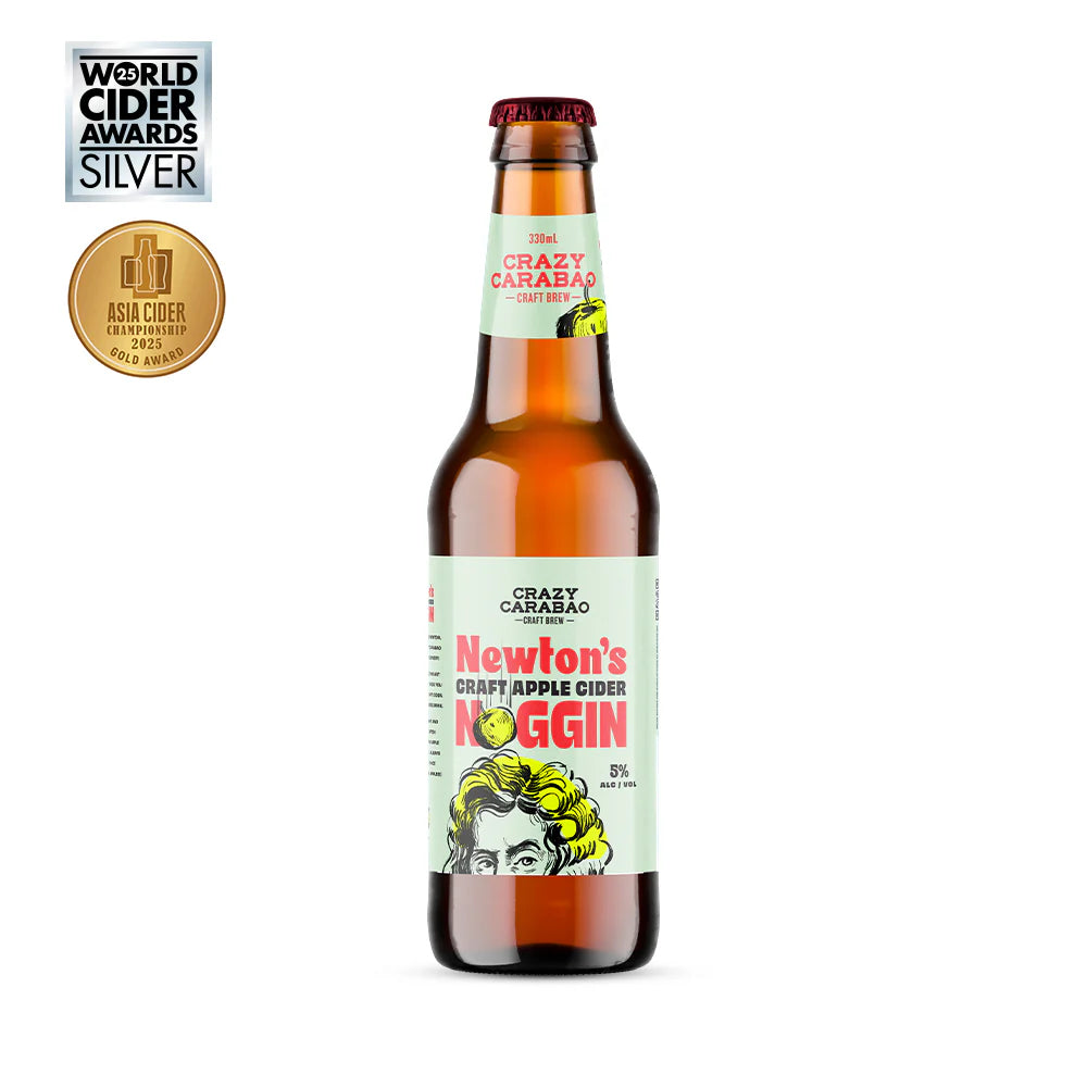 A bottle of Craft Carbao Newton's Crazy Carabap Craft Apple Cider on a white background, featuring award badges on the left.