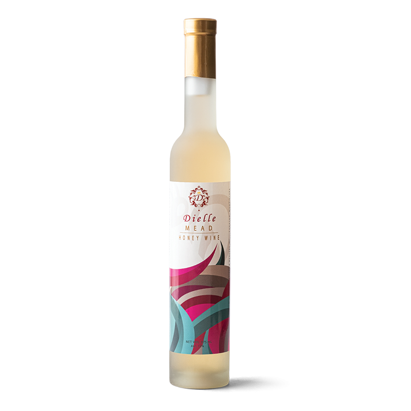 Bottle of Dielle Mead Honey Wine with a colorful label on a white background