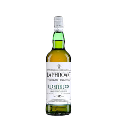 Laphroaig Quarter Cask whisky bottle on a white background
