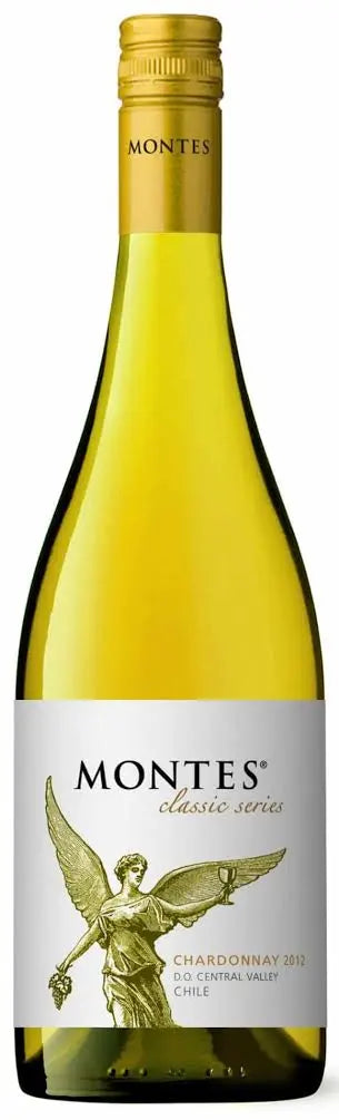 Montes Classic Chardonnay wine bottle with gold cap and white label on a black background