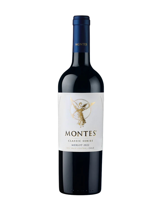 Montes Classic Merlot Red wine bottle on a white background