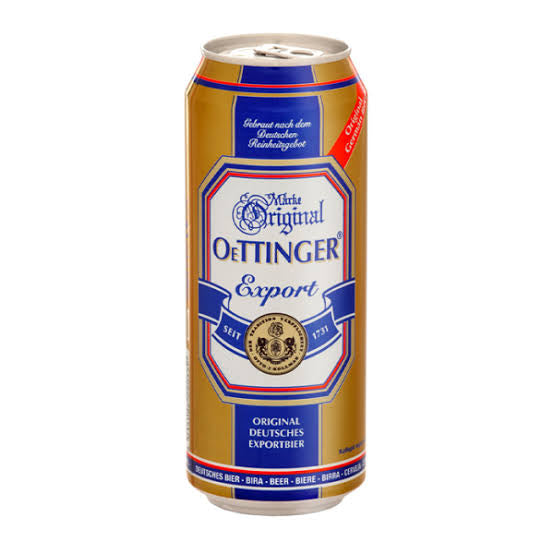 A single can of Oettinger Export beer on a plain white background. The can is primarily gold with blue and white label details, featuring the Oettinger brand name prominently in blue text.