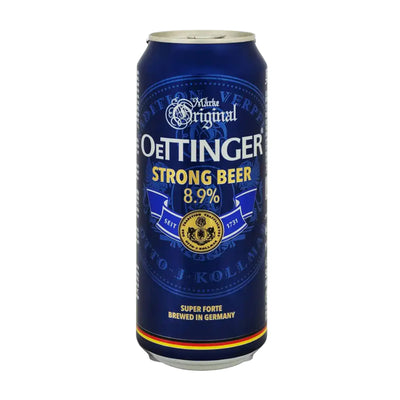 A single can of Oettinger Strong Beer 8.9% ABV, featuring its signature dark blue label with gold, white, and red accents, set against a plain white background.