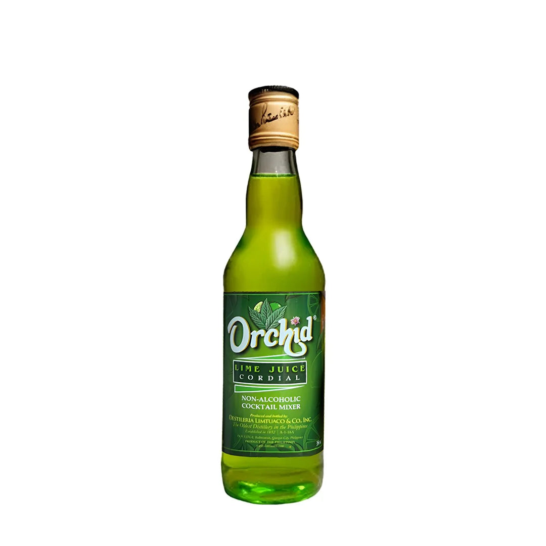 Green bottle of Orchard lime juice cocktail mixer on a white background