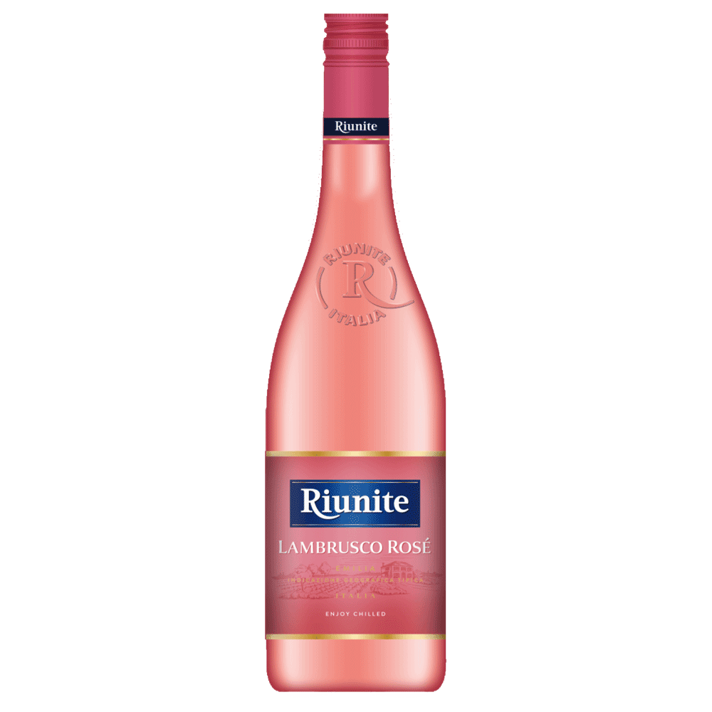 Pink bottle of Riunite Lambrusco Rosé wine on a white background