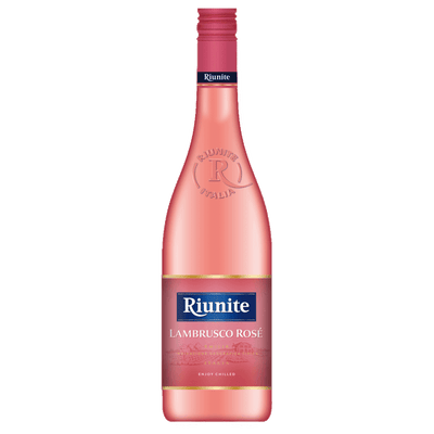 Pink bottle of Riunite Lambrusco Rosé wine on a white background