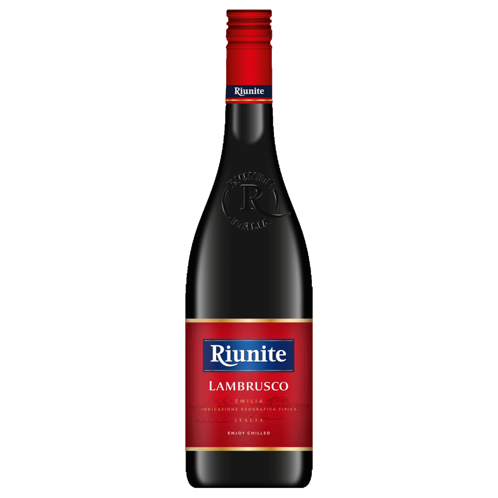 Bottle of Riunite Lambrusco wine on a white background