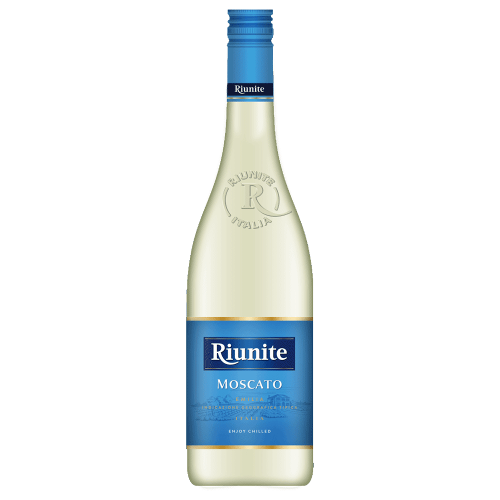 Riunite Moscato wine bottle on a white background
