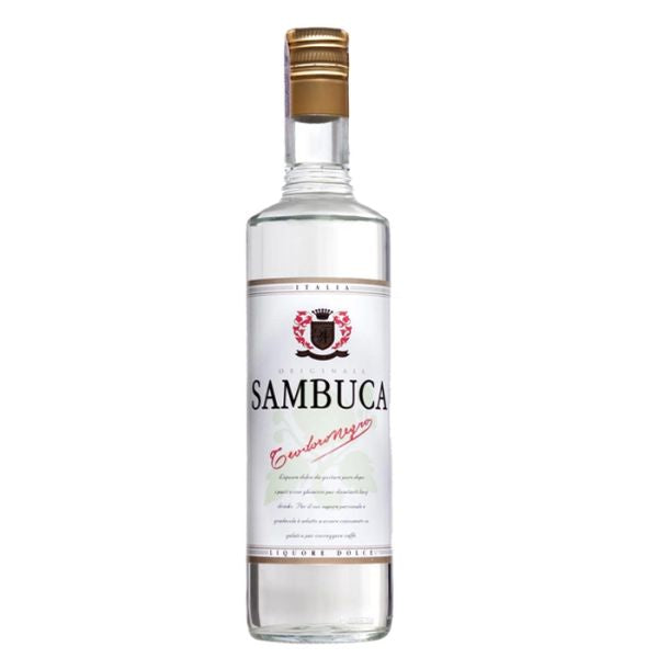 Sambuca bottle with a white label on a white background