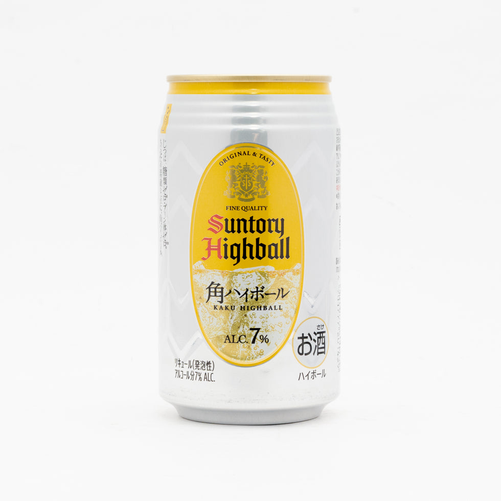 A can of Suntory Highball citrus highball drink with a white and yellow label, shown on a clean white background.
