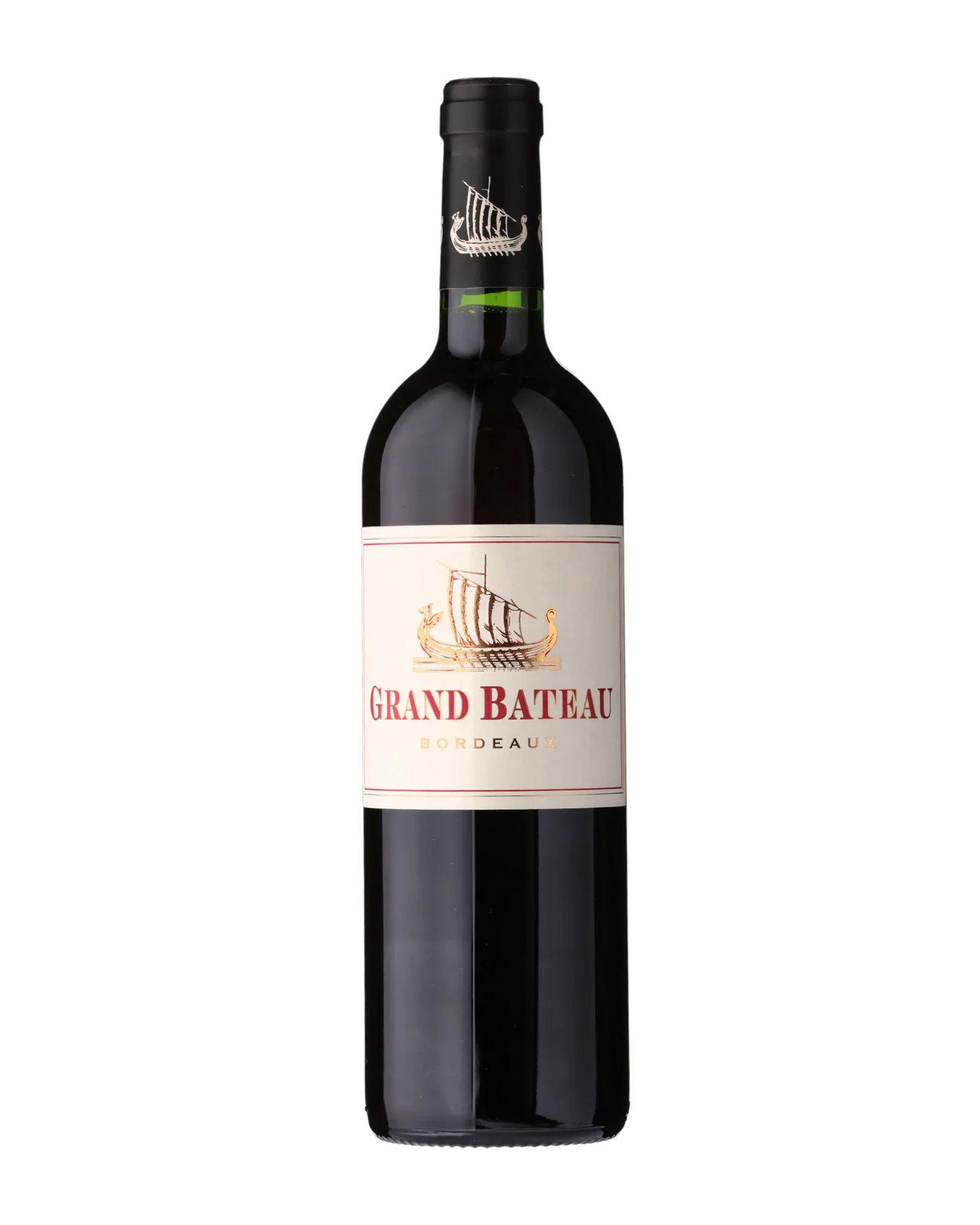 A bottle of Grand Bateau Bordeaux red wine with a cream-colored label and a black capsule, shown against a plain white background.