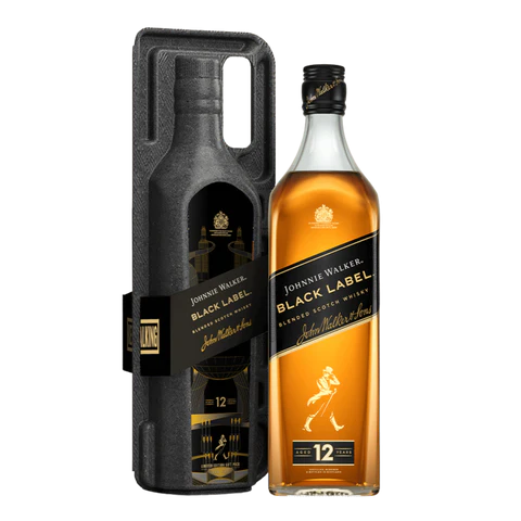 Johnnie Walker Black Label whisky bottle with carrying case on a white background