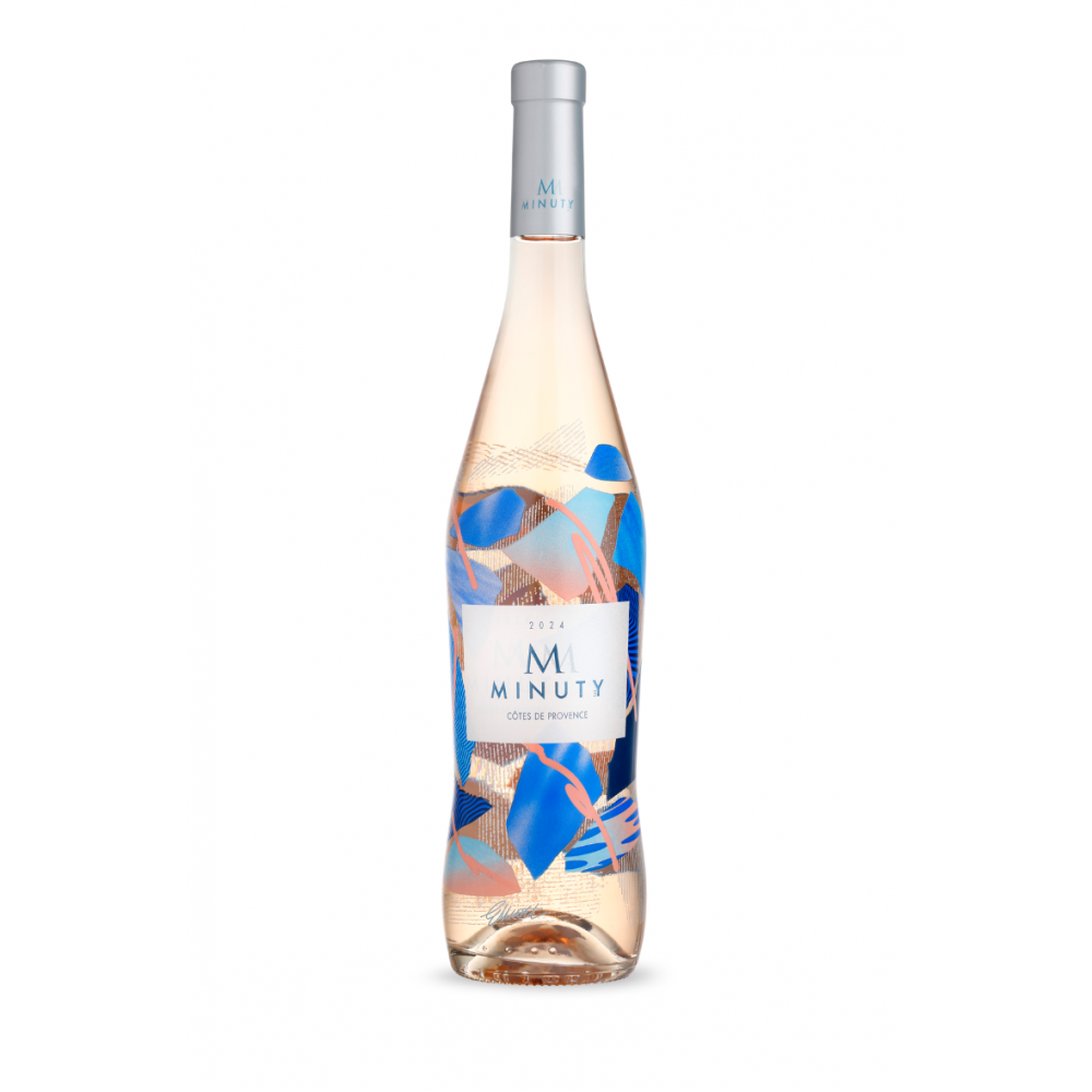A bottle of Minuty Rosé wine with a silver cap and a white label featuring blue and gold abstract patterns, set against a plain white background.