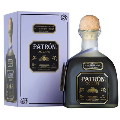 Patrón XO Cafe bottle and box on a white background